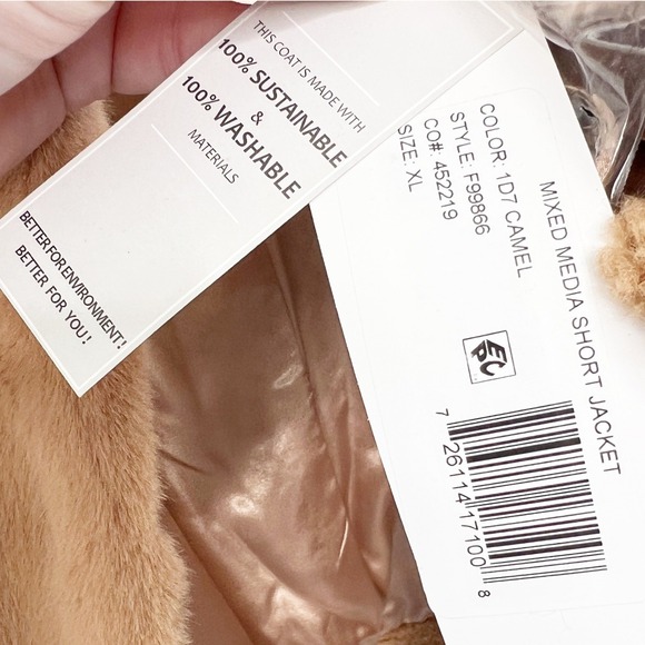 French Connection NWT Camel Faux Fur Teddy Mixed Media Short Jacket Coat Size XL - Picture 8 of 8